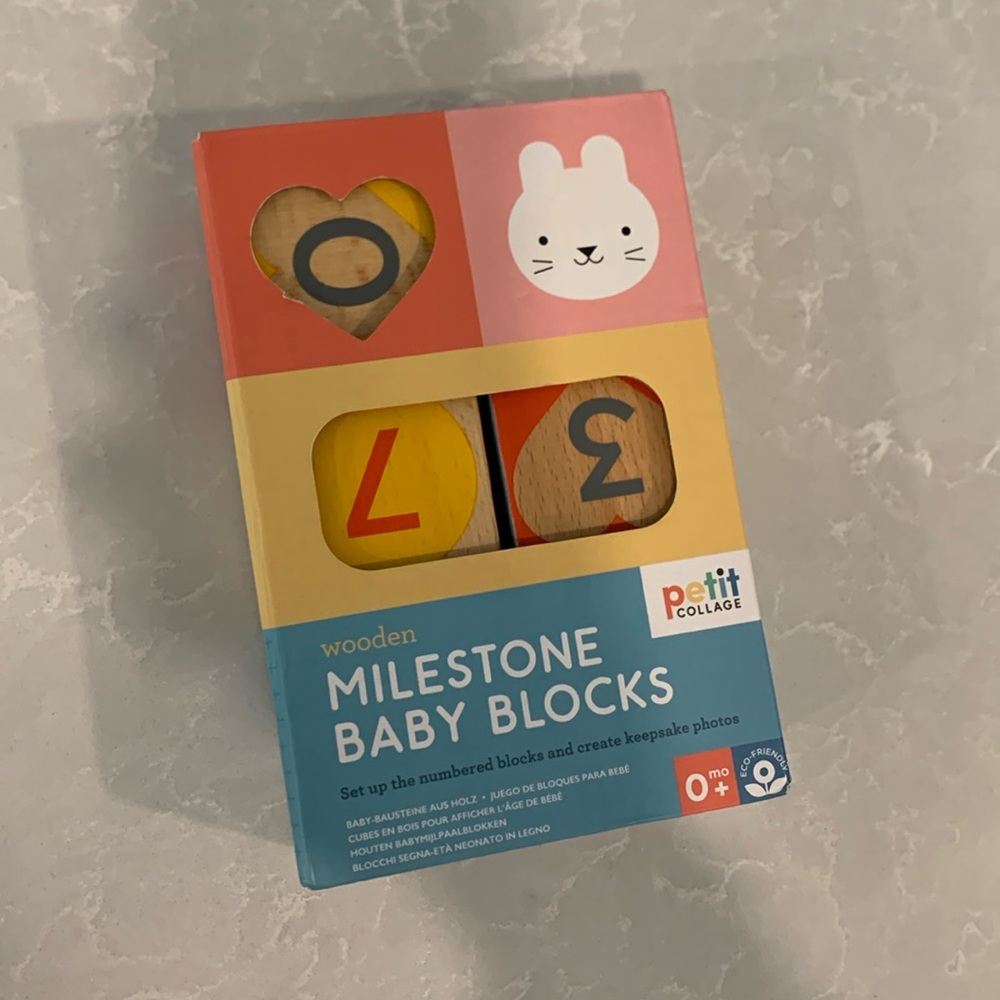 In box Petit collage wooden milestone baby blocks